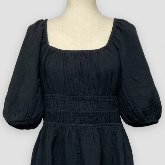 GAP Puff Sleeve Smocked Mini Dress Size L Black Scoop Neck Cotton Gauze Pockets - Picture 2 of 7